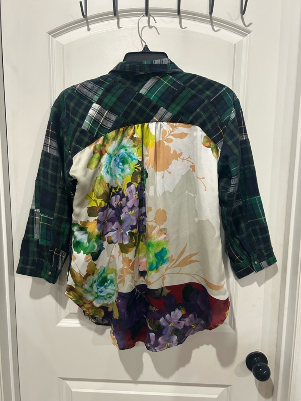 Women’s Mixed-Pattern Green Plaid and Floral Button-Up Top